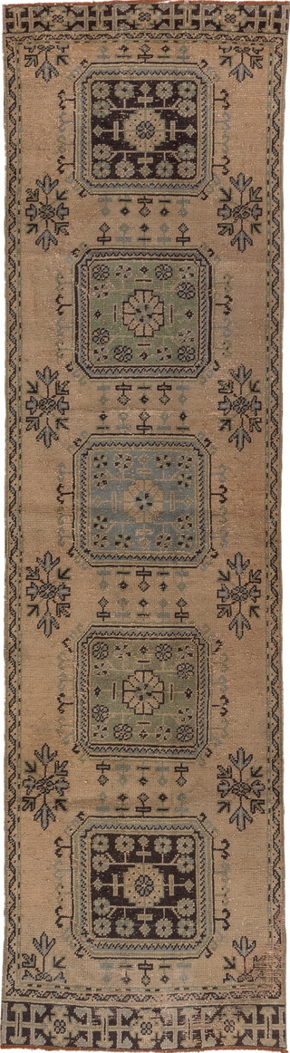 3' x 11' one-of-a-kind handmade vintage Oushak runner rug. Color palette: gray, brown, off-white, white, snow, whitesmoke
