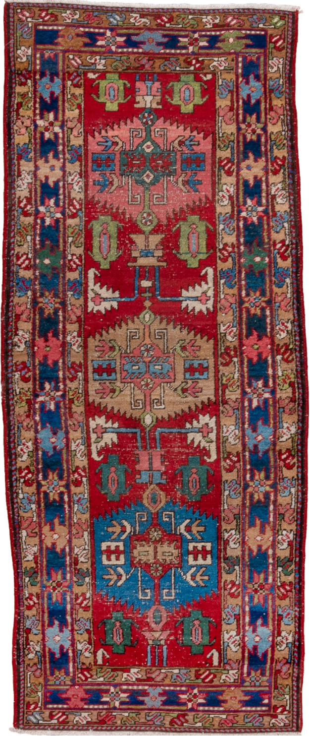 3' x 7' one-of-a-kind handmade vintage Heriz runner rug. Color palette: arapawa, blue, brown, dark gray, gray, pink, red