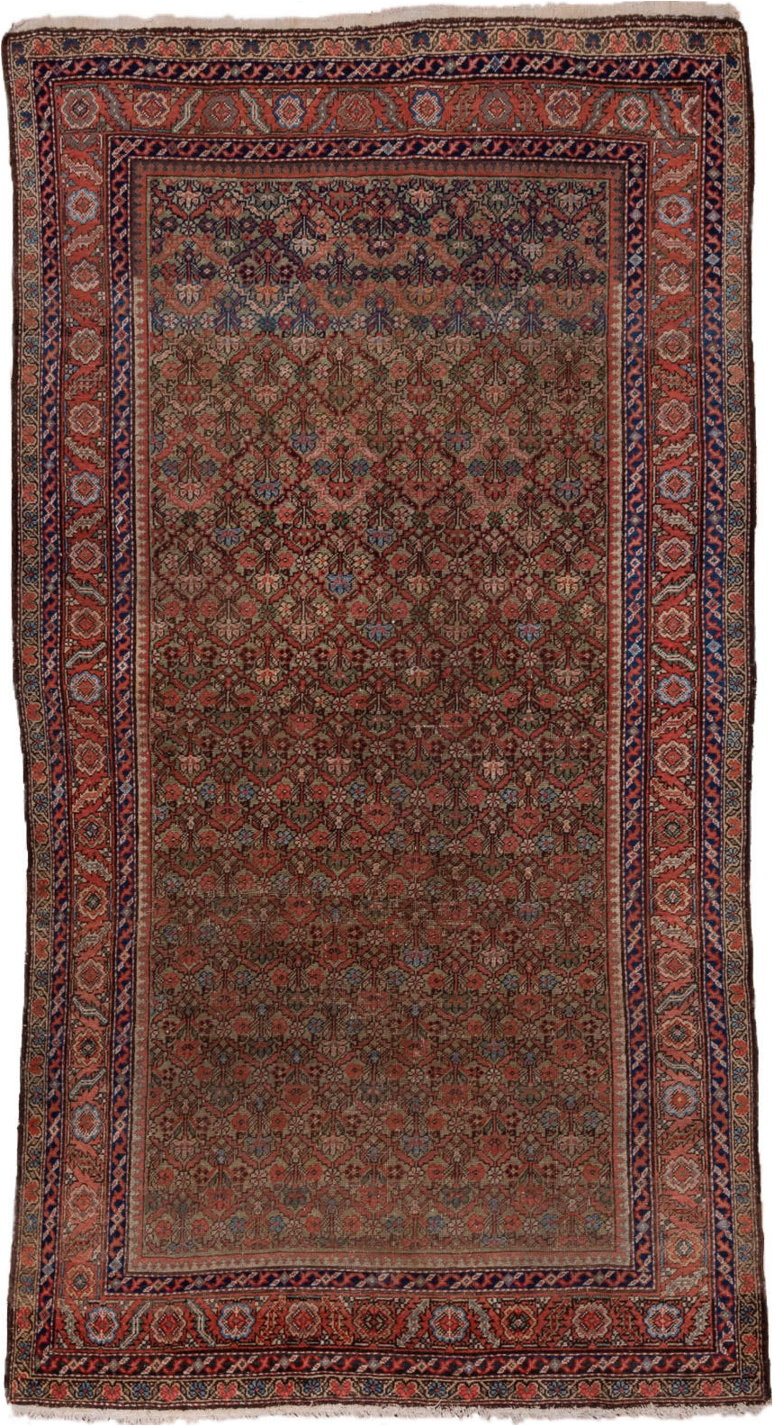 5' x 10' one-of-a-kind handmade vintage Mahal medium size rug. Color palette: brown, gray, pink, red