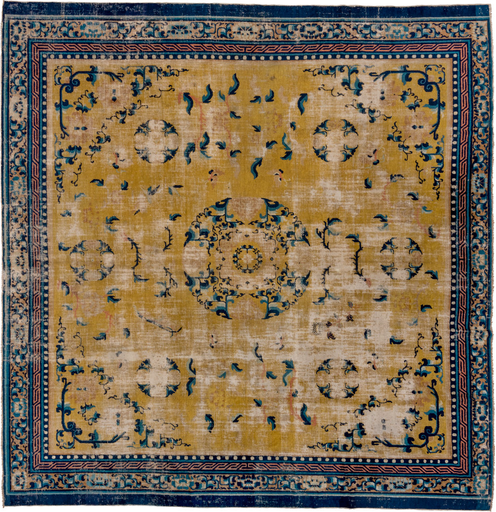12' x 12' one-of-a-kind handmade vintage Chinese oversize rug. Color palette: gray, blue, brown, arapawa, tan