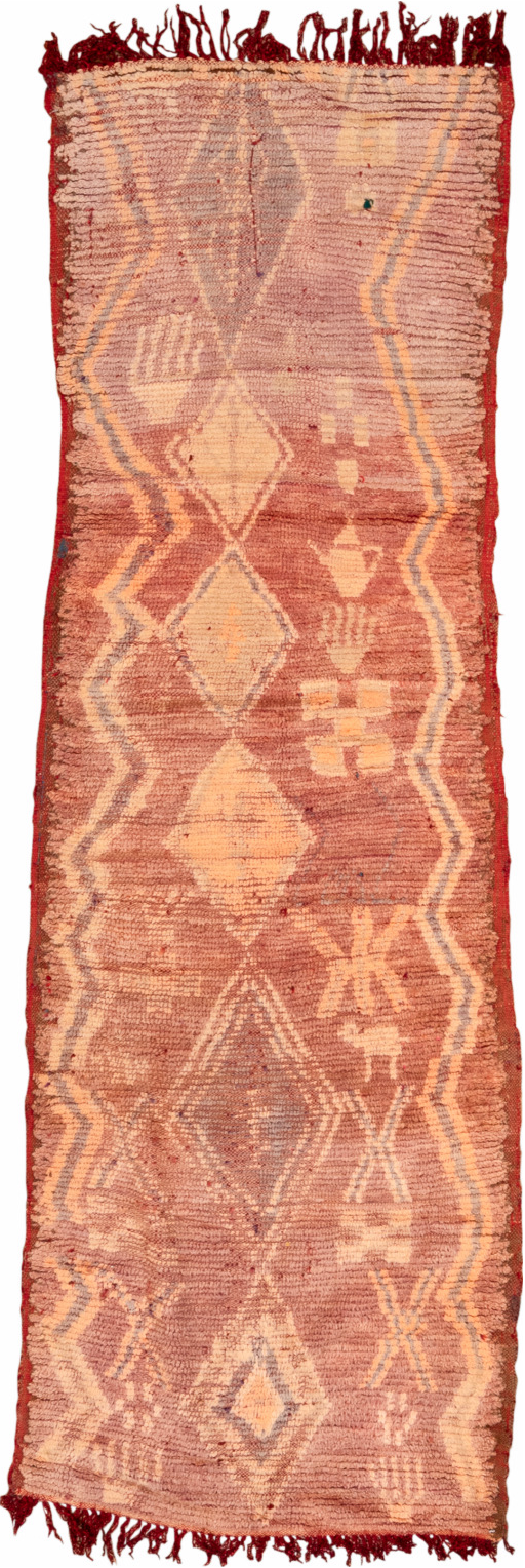 2' x 7' one-of-a-kind handmade vintage Moroccan runner rug. Color palette: brown, orange, pink, red