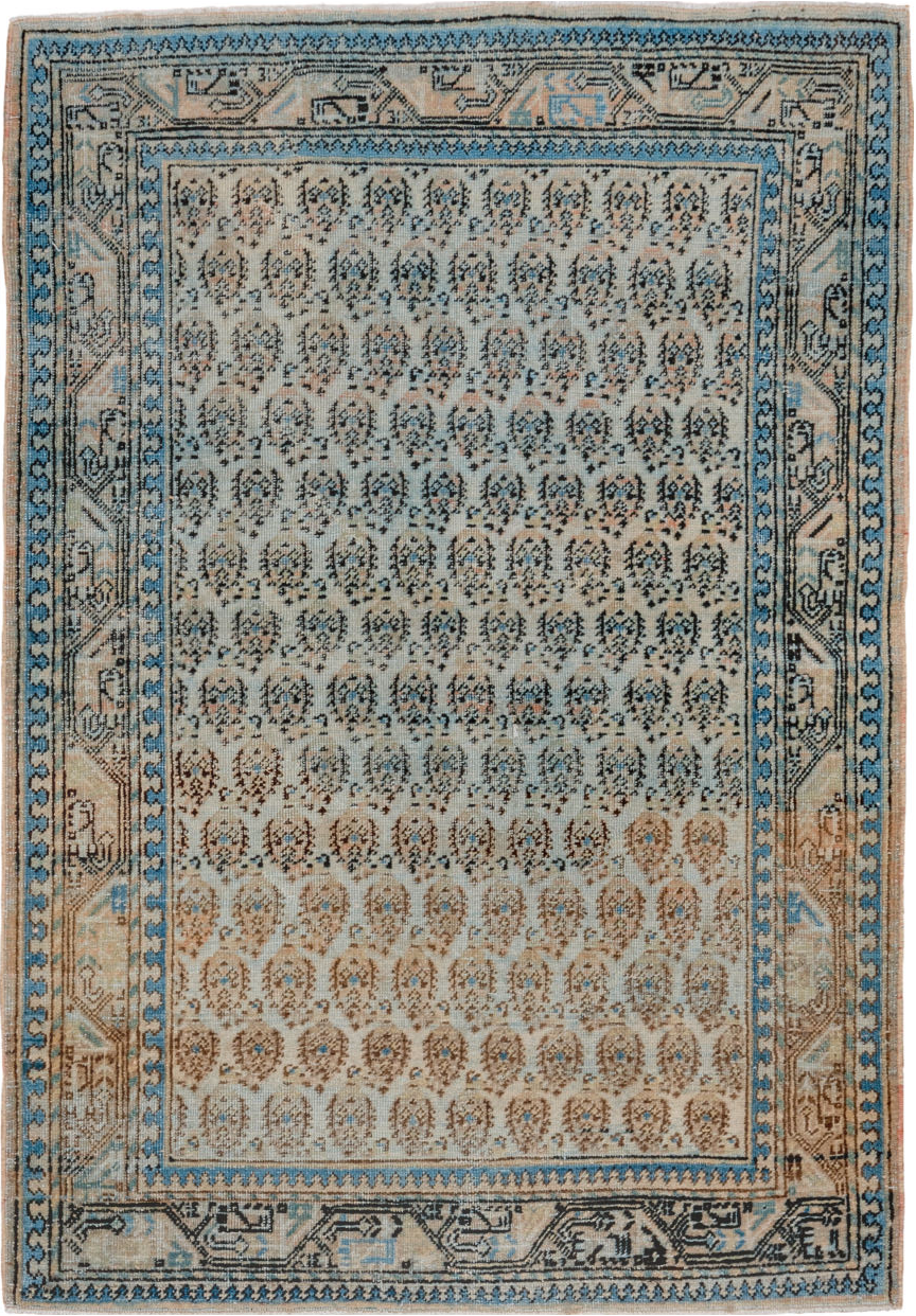 3' x 5' one-of-a-kind handmade vintage Sivas small size rug. Color palette: black, blue, brown, dim gray, gray, light gray