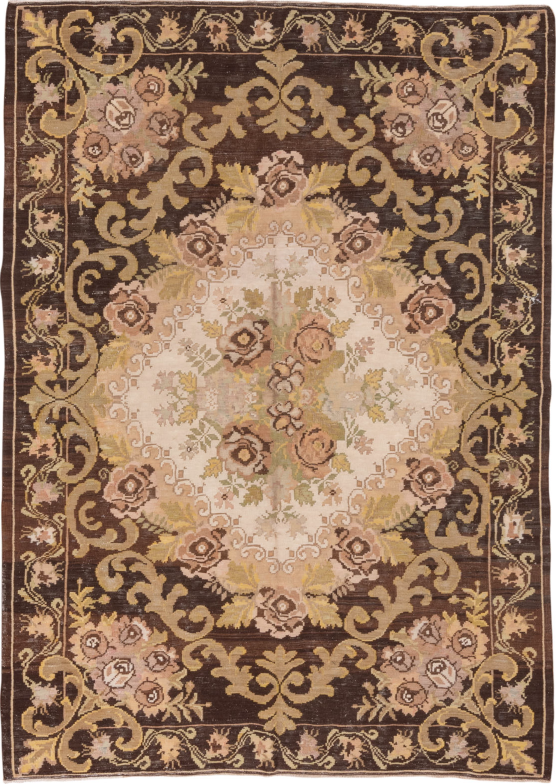 6' x 8' one-of-a-kind handmade vintage Kilim medium size rug. Color palette: brown, burlywood, gray, orange, pink, tan