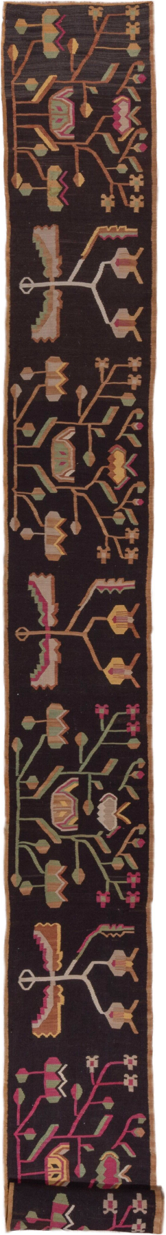 1' x 23' one-of-a-kind handmade vintage Besserabian rug. Color palette: black, brown, gray, light gray, off-white, pink, red