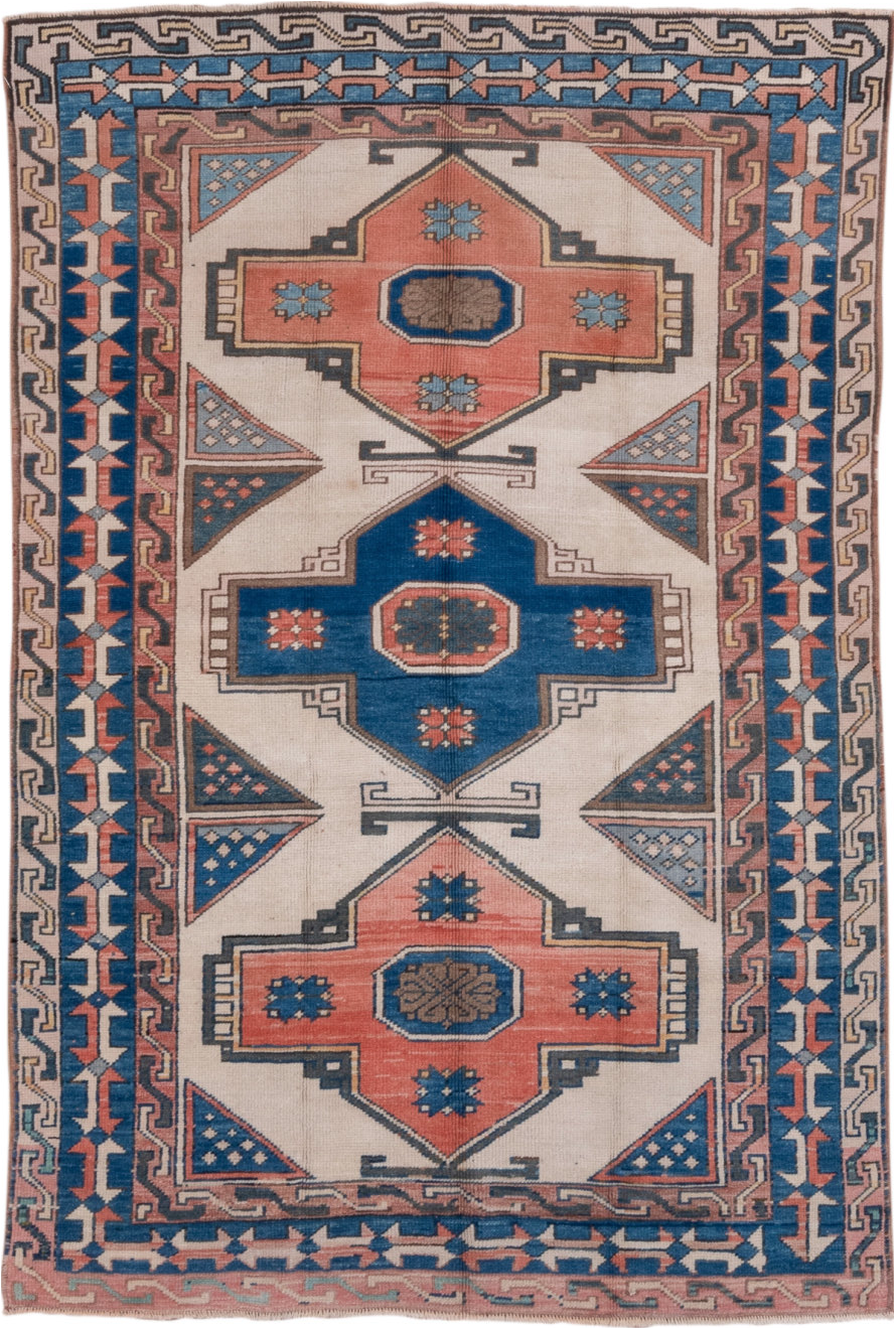 4' x 6' one-of-a-kind handmade vintage Oushak small size rug. Color palette: black, blue, brown, gray, light gray, off-white