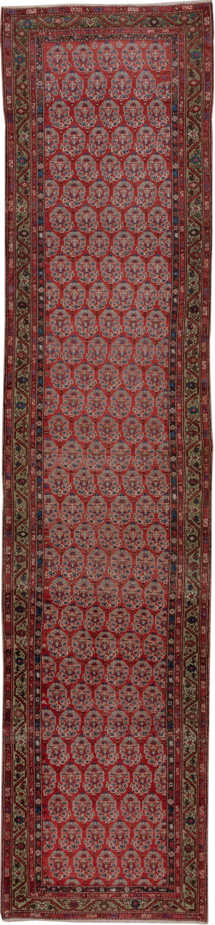 3' x 15' one-of-a-kind handmade vintage Malayer runner rug. Color palette: brown, gray, pink, red