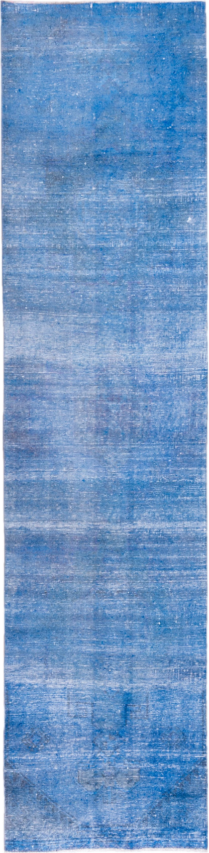 3' x 12' one-of-a-kind handmade vintage Overdyed runner rug. Color palette: blue, gray, light blue, light gray, off-white