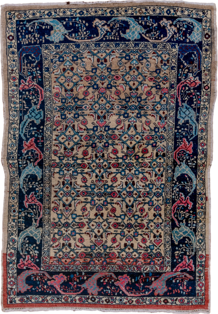 4' x 6' one-of-a-kind handmade vintage Malayer small size rug. Color palette: black, blue, brown, charcoal, dark gray, gray