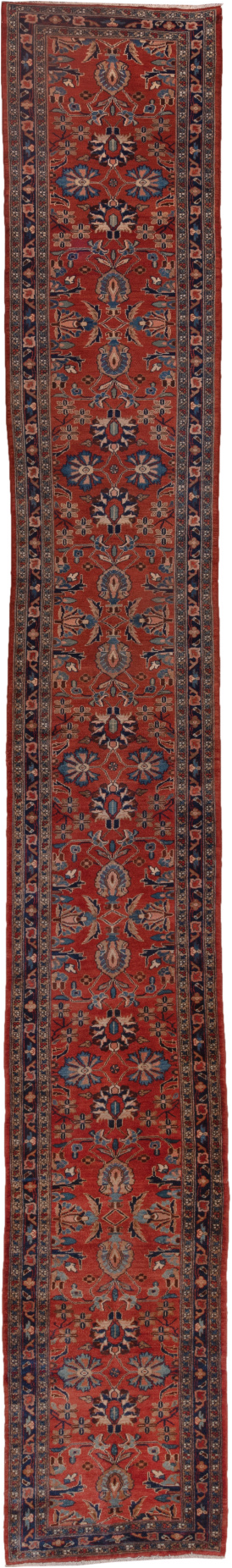 2' x 19' one-of-a-kind handmade vintage Lilian runner rug. Color palette: blue, brown, gray, off-white, pink, red, redwood