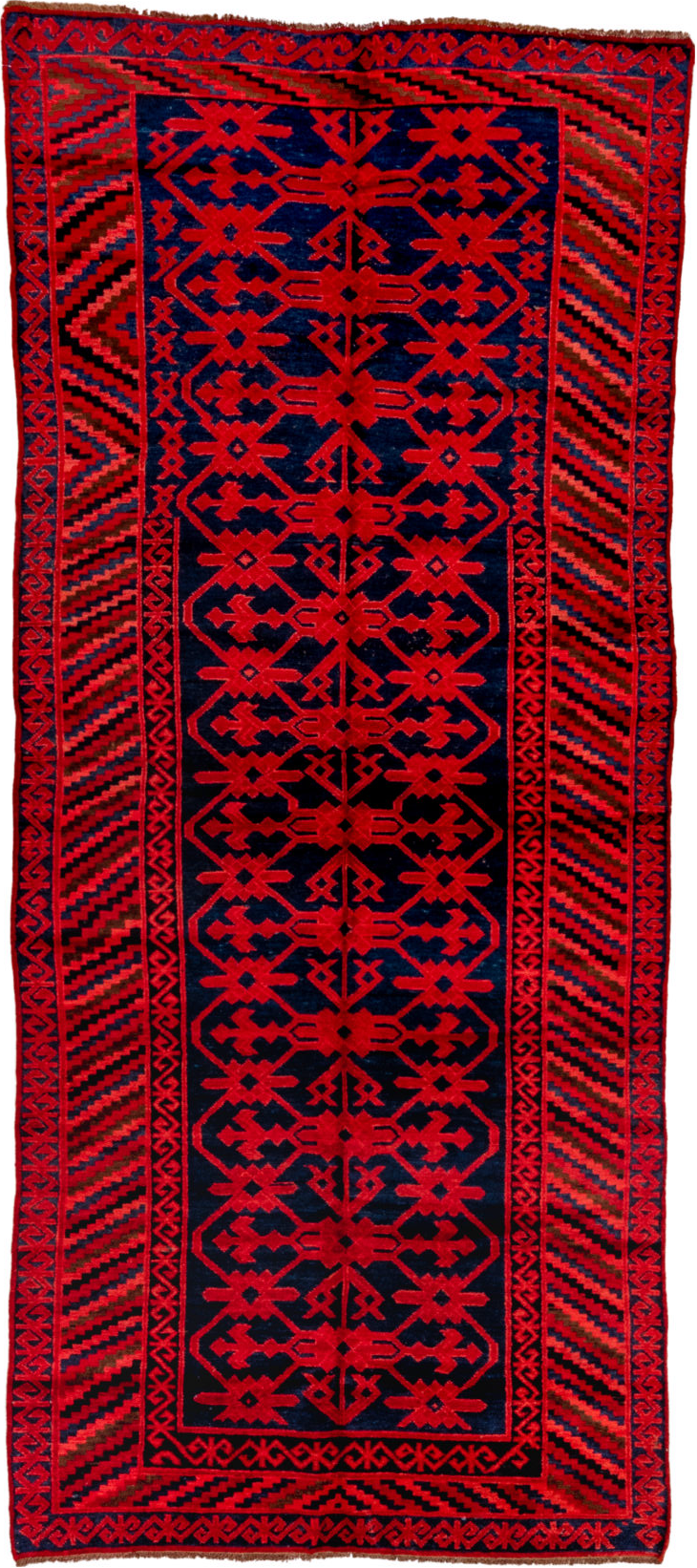 4' x 10' one-of-a-kind handmade vintage Khotan runner rug. Color palette: black, brown, pink, red