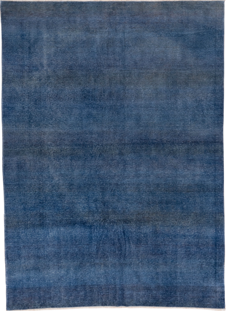 5' x 7' one-of-a-kind handmade vintage Overdyed rug. Color palette: blue, dark gray, fiord, gray, light blue, light gray