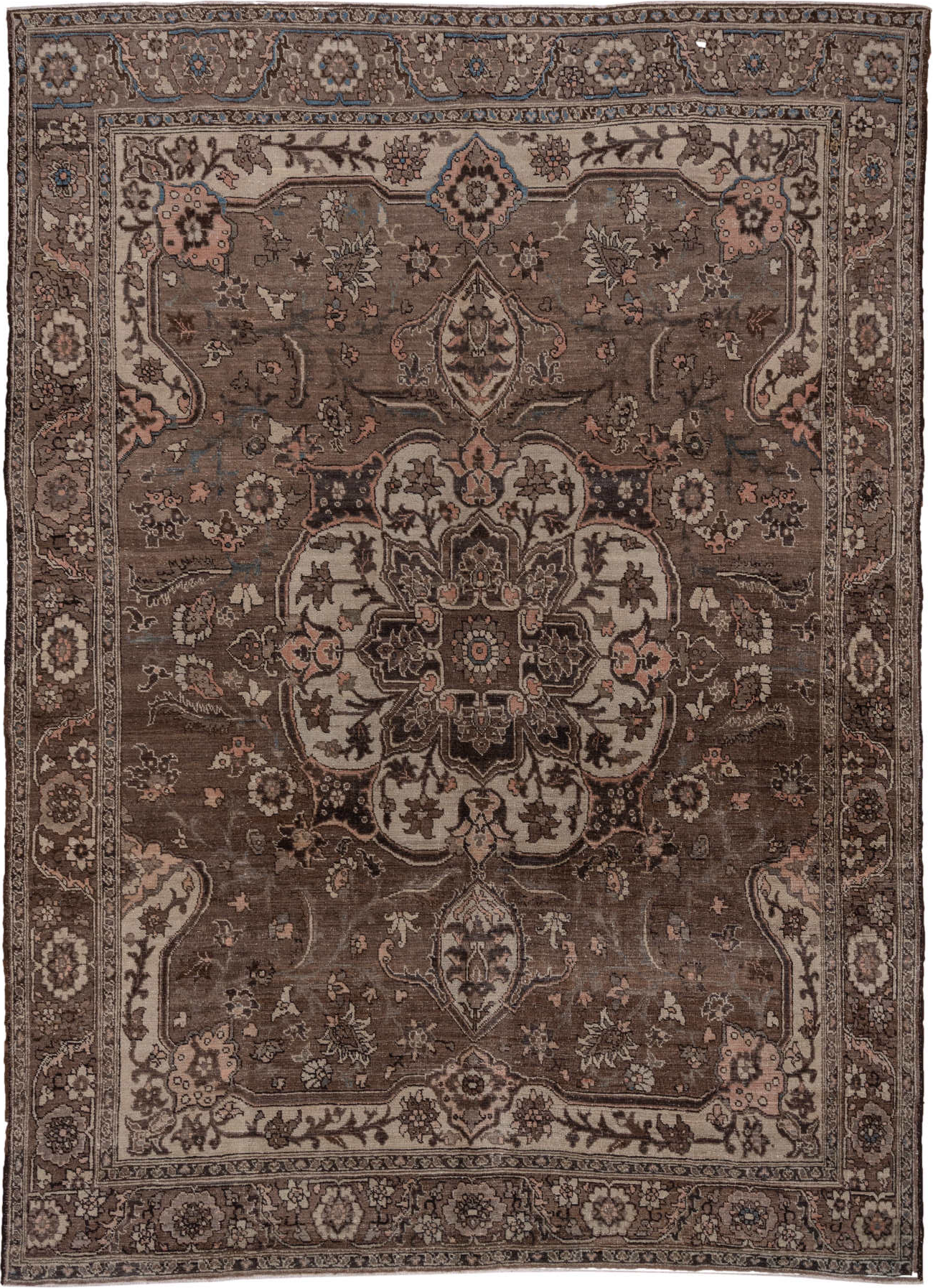 9' x 12' one-of-a-kind handmade vintage Heriz large size rug. Color palette: blue, brown, gray, light gray, off-white, pink