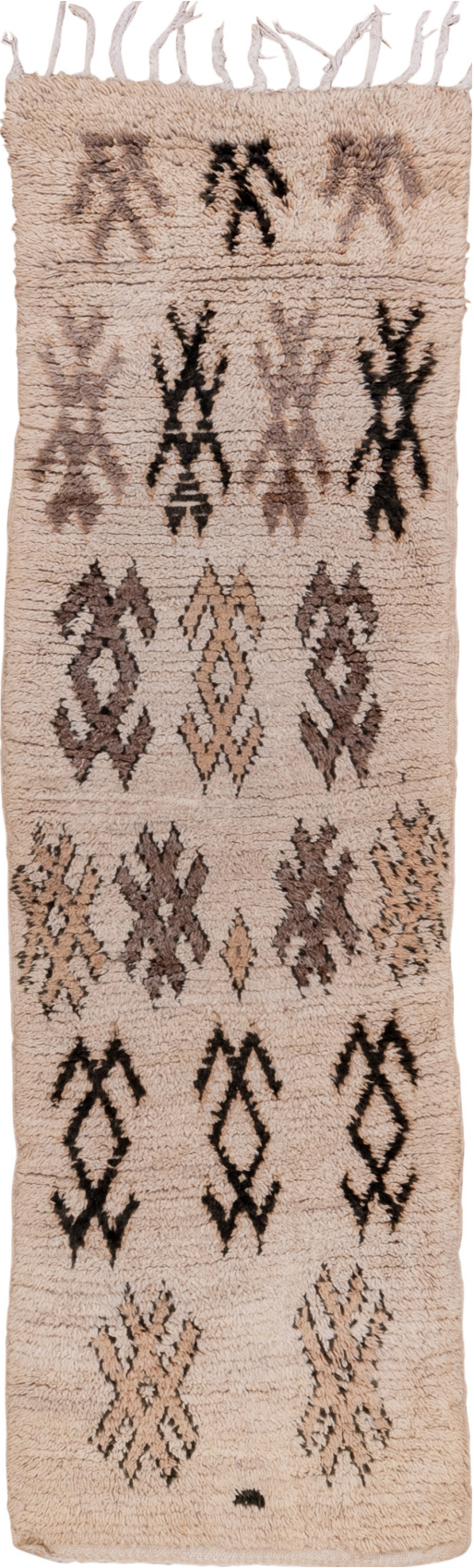 2' x 7' one-of-a-kind handmade vintage Moroccan runner rug. Color palette: black, brown, gray, light gray, off-white, pink