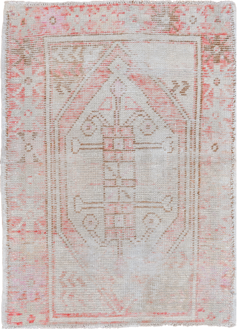 2' x 3' one-of-a-kind handmade vintage Oushak small size rug. Color palette: pink, gray, light gray, off-white, red, silver