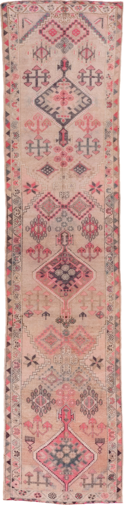 2' x 12' one-of-a-kind handmade vintage Oushak runner rug. Color palette: brown, gray, light gray, off-white, pink, red