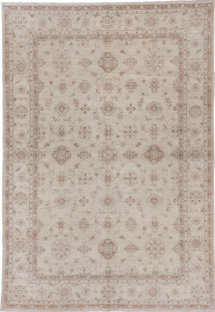 6' x 9' one-of-a-kind handmade vintage Afghan medium size rug. Color palette: gray, light gray, off-white, pink, white, snow