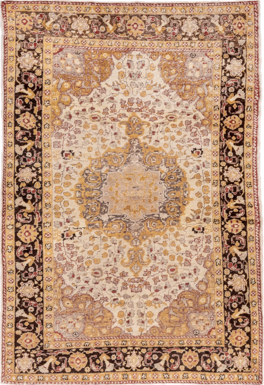 4' x 7' one-of-a-kind handmade vintage Oushak rug. Color palette: brown, burlywood, off-white, orange, pink, yellow