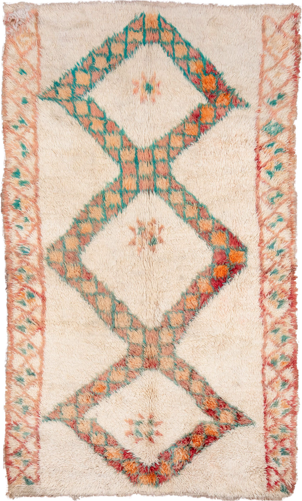 5' x 9' one-of-a-kind handmade vintage Moroccan medium size rug. Color palette: antiquewhite, blue, brown, gray, green