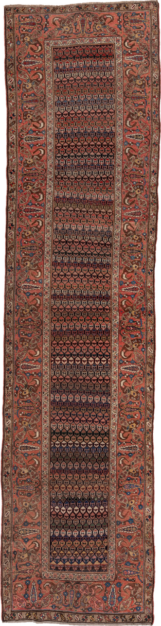 3' x 14' one-of-a-kind handmade vintage Bidjar runner rug. Color palette: brown, gray, pink, blue, red, redwood