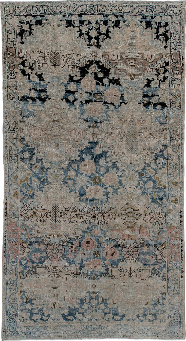 3' x 6' one-of-a-kind handmade vintage Malayer small size rug. Color palette: gray, light gray, black, blue, off-white