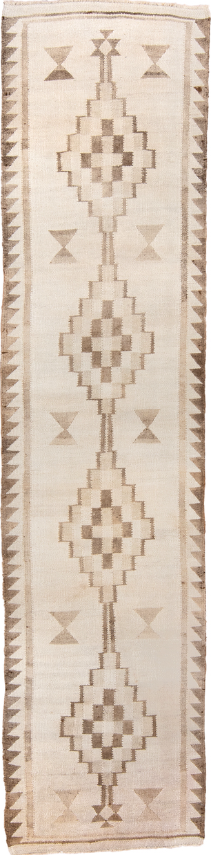 3' x 12' one-of-a-kind handmade vintage Kilim runner rug. Color palette: gray, light gray, off-white, brown, pink, orange