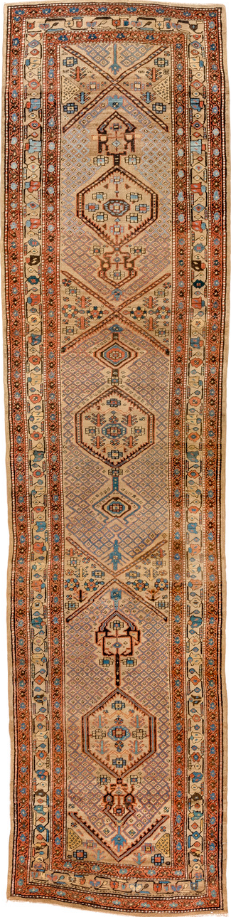 3' x 13' one-of-a-kind handmade vintage Sarab runner rug. Color palette: gray, brown, orange, saddle brown