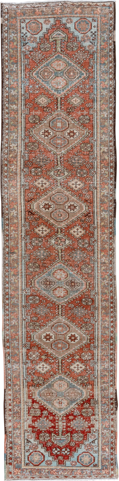 2' x 10' one-of-a-kind handmade vintage Heriz runner rug. Color palette: brown, dark gray, gray, light gray, off-white, pink