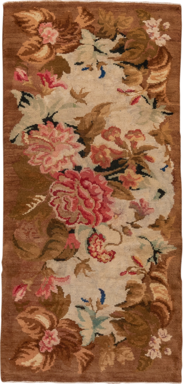 3' x 6' one-of-a-kind handmade vintage Axminister runner rug. Color palette: brown, gray, pink, red