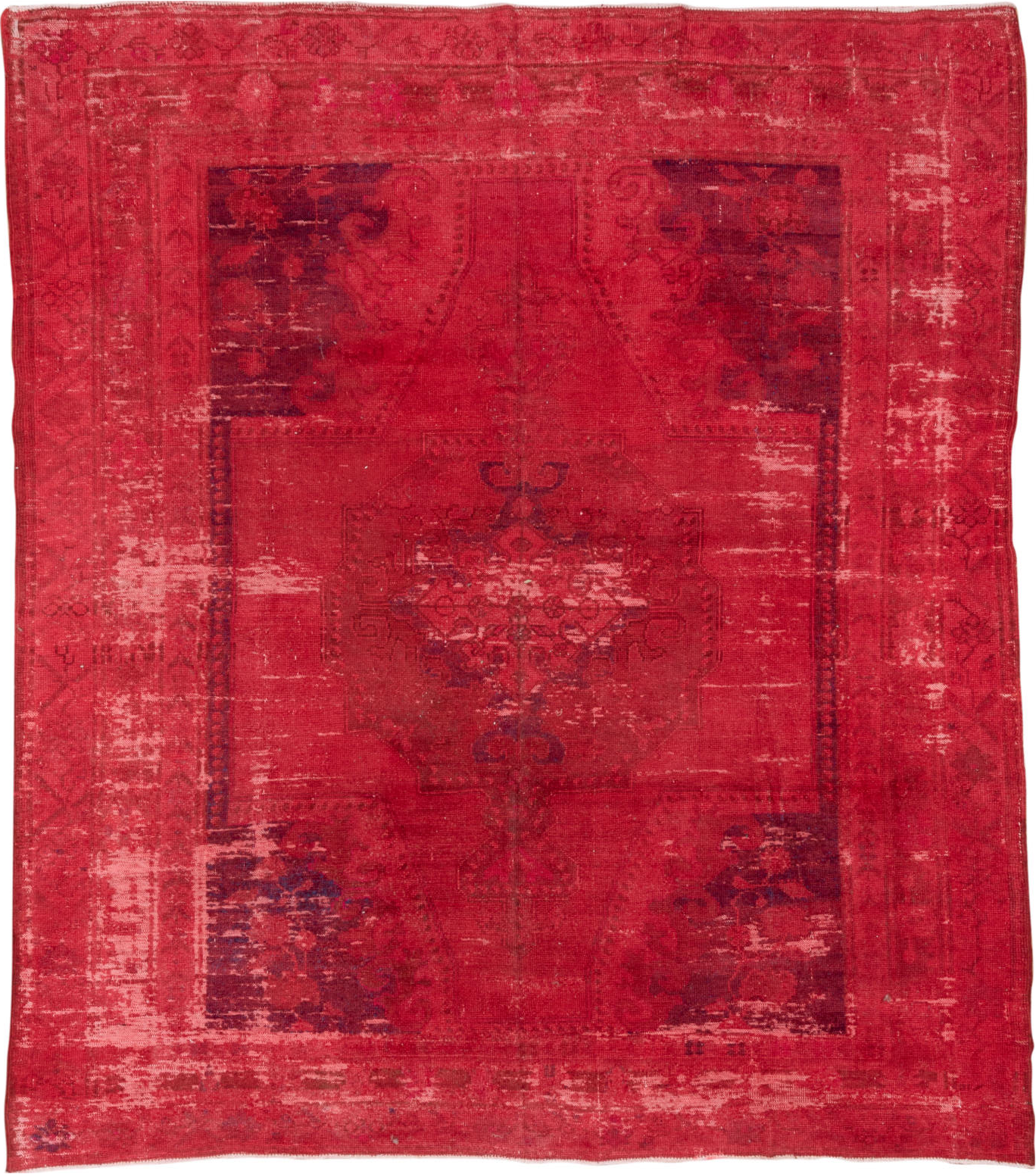 8' x 9' one-of-a-kind handmade vintage Overdyed rug. Color palette: brown, burgundy, indian red, light coral, light gray