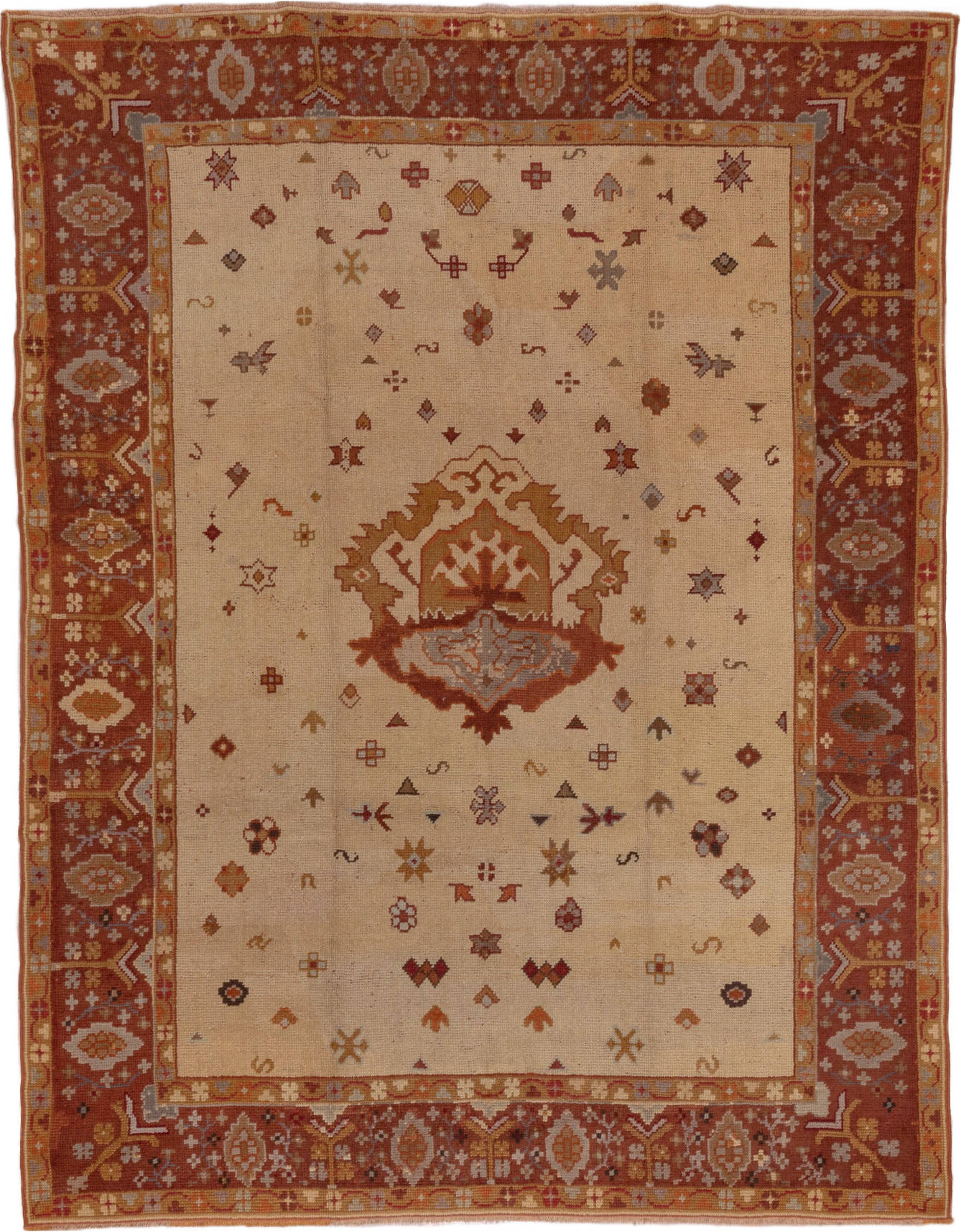 8' x 10' one-of-a-kind handmade vintage Oushak large size rug. Color palette: brown, gray, light gray, pink, red, sienna