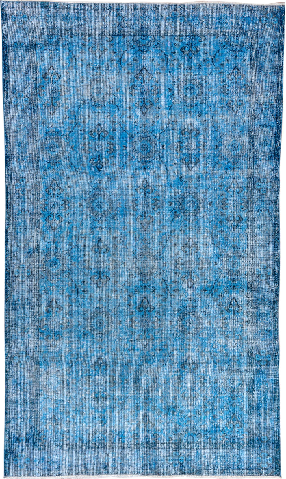 5' x 9' one-of-a-kind handmade vintage Overdyed medium size rug. Color palette: arapawa, blue, gray, light blue, light gray