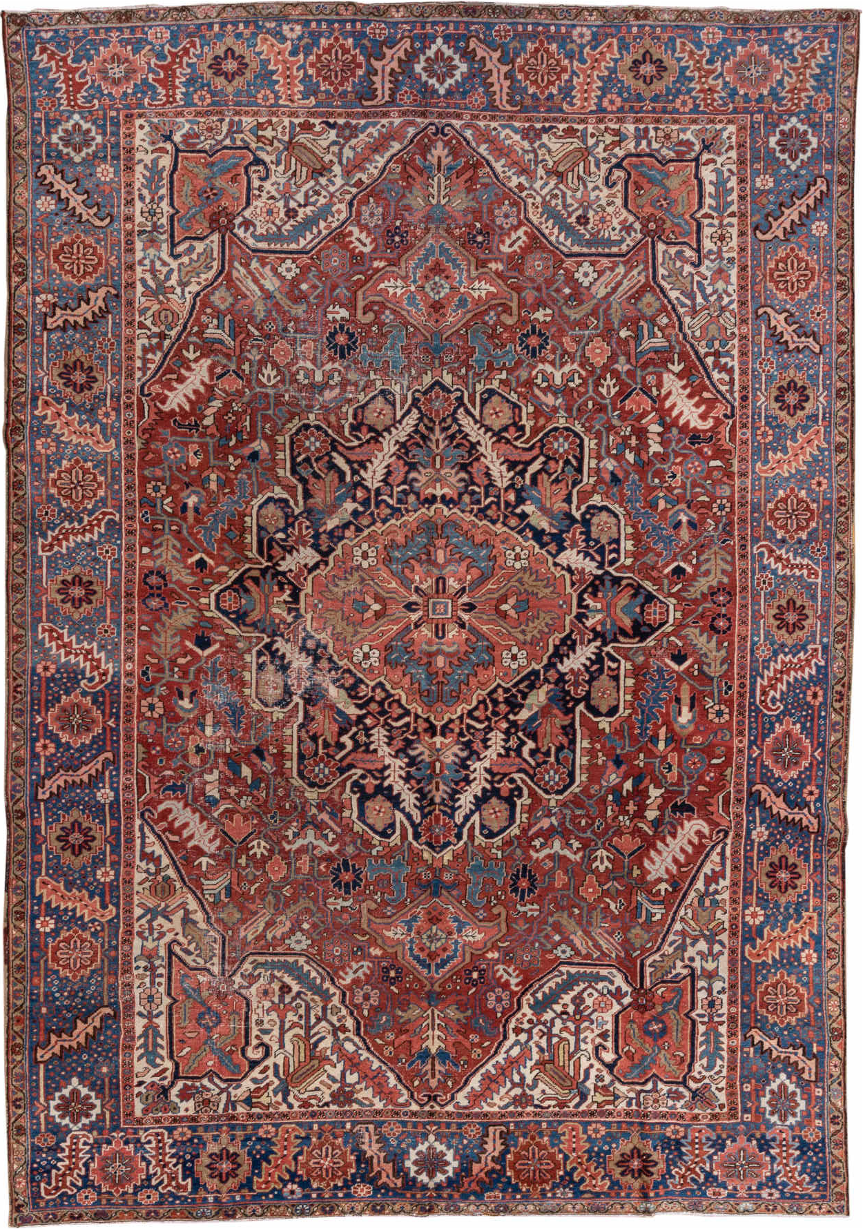 8' x 12' one-of-a-kind handmade vintage Heriz large size rug. Color palette: arapawa, blue, brown, dim gray, fiord, gray