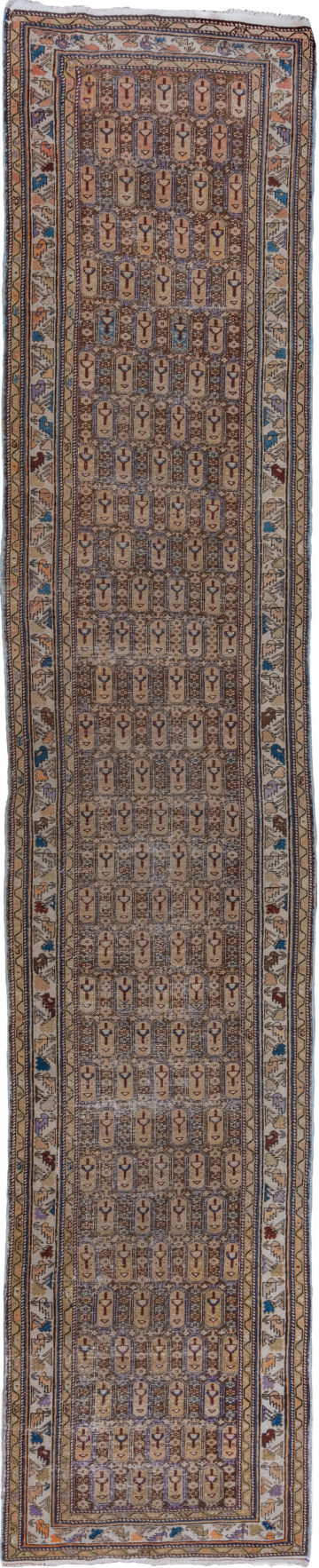 3' x 18' one-of-a-kind handmade vintage Shirvan runner rug. Color palette: black, blue, brown, gray, off-white, pink, snow