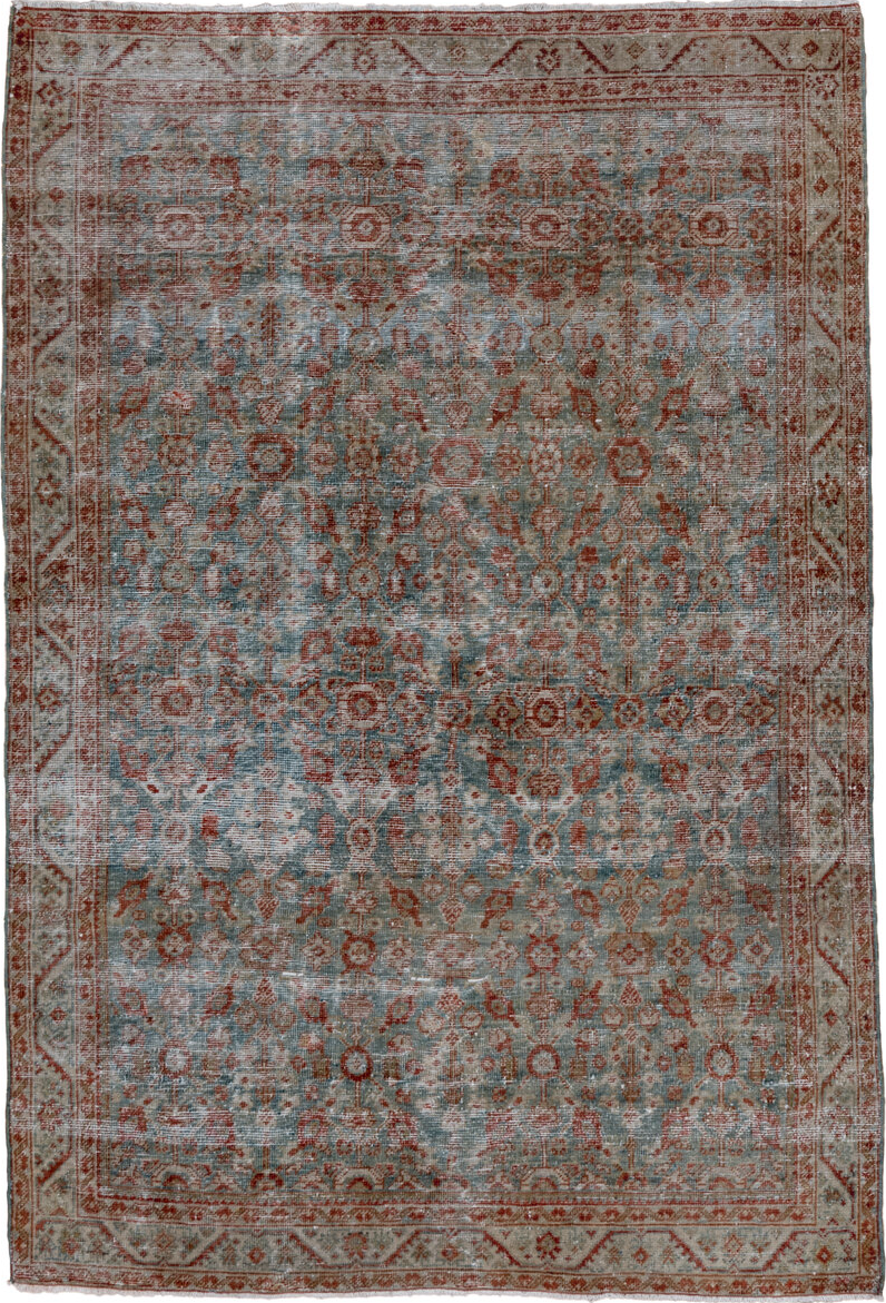 4' x 6' one-of-a-kind handmade vintage Farahan small size rug. Color palette: brown, gray, pink, black, light gray