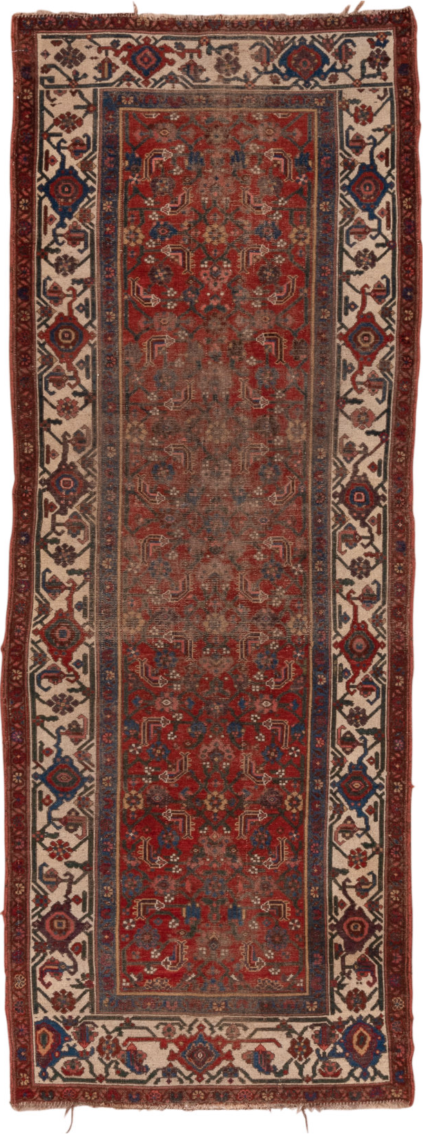 3' x 9' one-of-a-kind handmade vintage Malayer runner rug. Color palette: brown, gray, pink, red, redwood