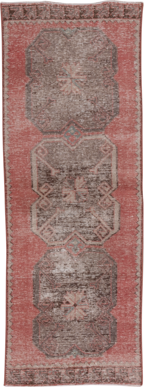 2' x 7' one-of-a-kind handmade vintage Oushak runner rug. Color palette: brown, gray, light gray, off-white, pink, red