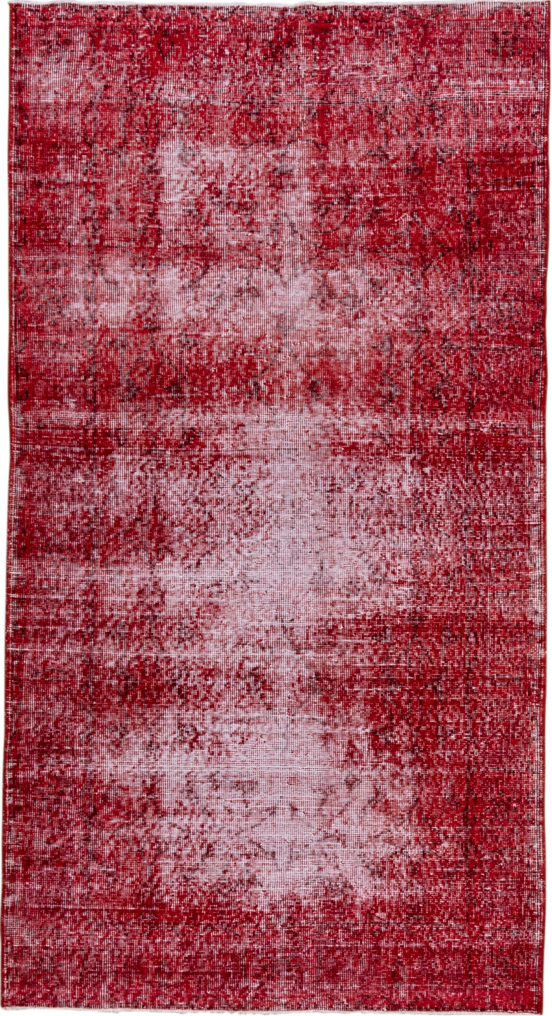 3' x 7' one-of-a-kind handmade vintage Overdyed rug. Color palette: brown, pink, red, wine