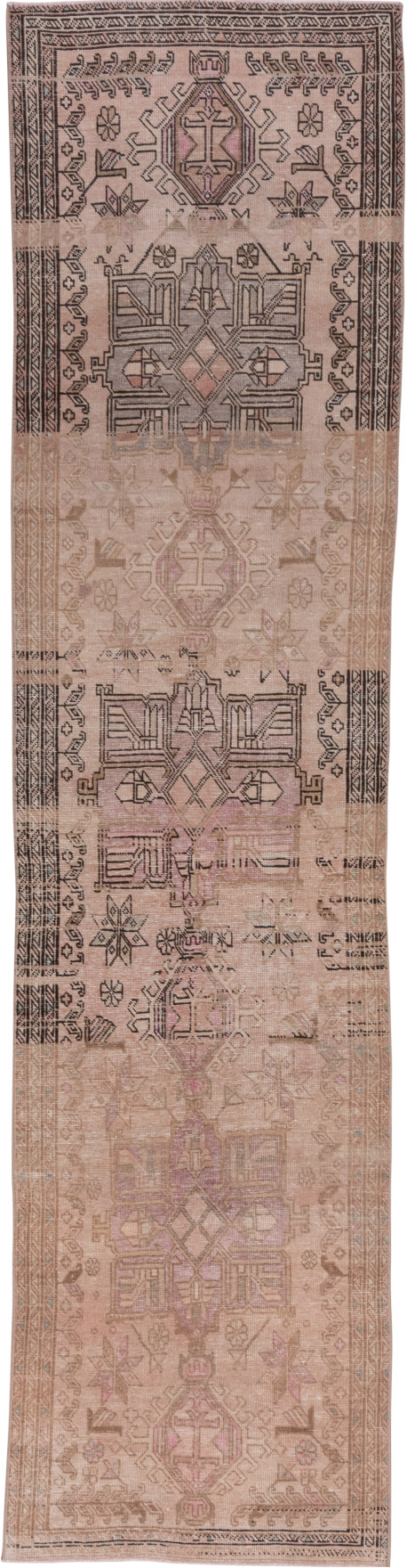 3' x 12' one-of-a-kind handmade vintage Heriz runner rug. Color palette: brown, gray, light gray, off-white, pink, snow