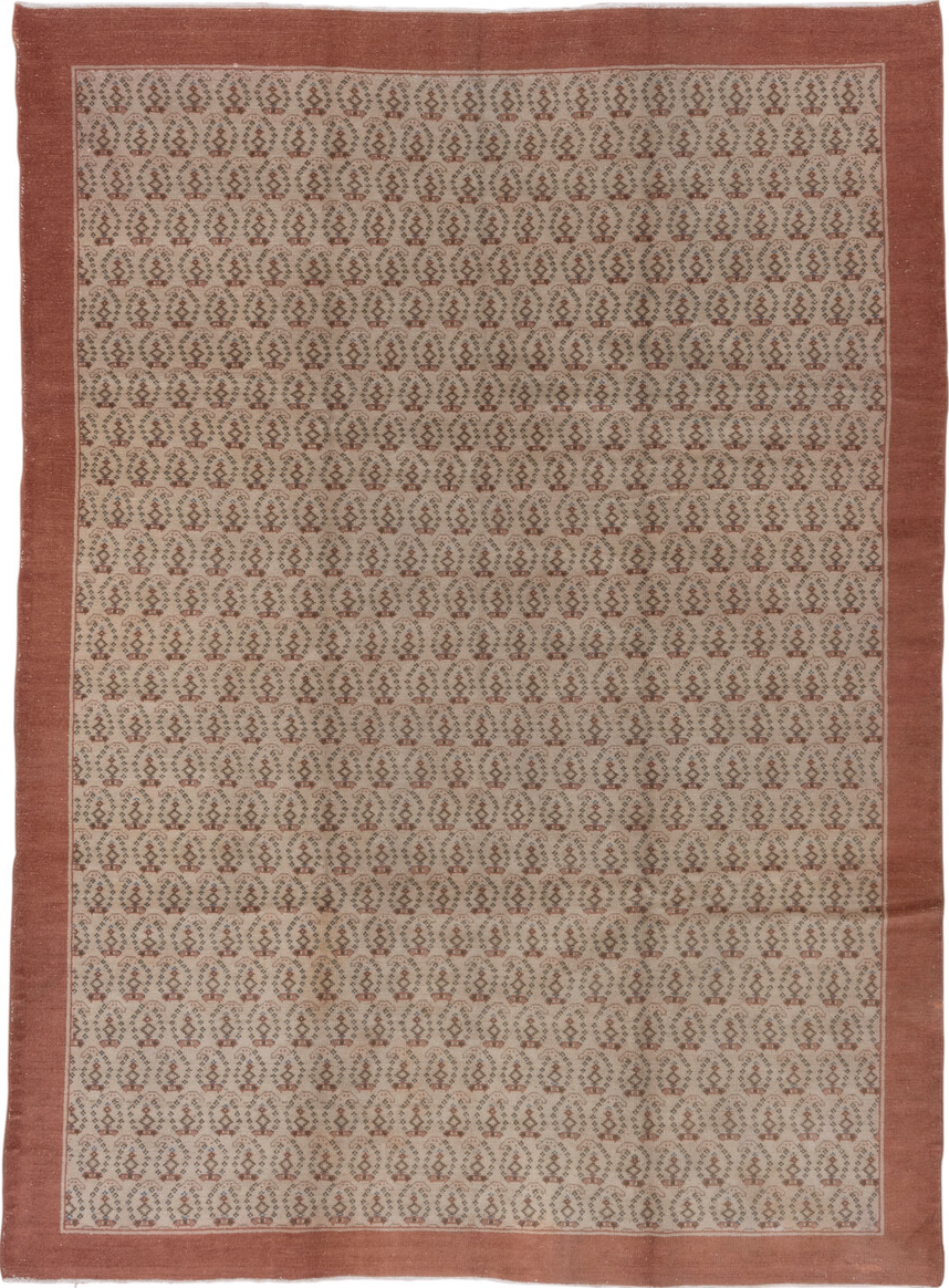 6' x 9' one-of-a-kind handmade vintage Oushak medium size rug. Color palette: gray, pink, light gray, off-white, brown