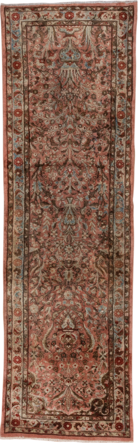 2' x 6' one-of-a-kind handmade vintage Kashan runner rug. Color palette: brown, gray, pink, red