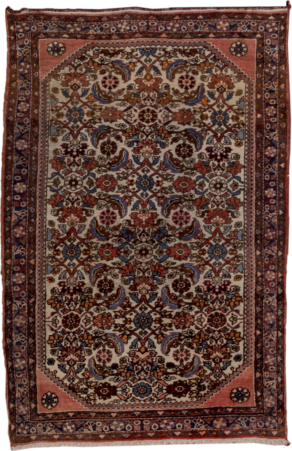 2' x 4' one-of-a-kind handmade vintage Malayer small size rug. Color palette: blue, brown, dim gray, gray, pink, red