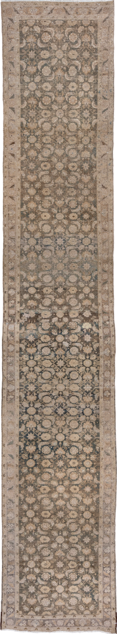 2' x 15' one-of-a-kind handmade vintage Malayer runner rug. Color palette: gray, black, off-white, charcoal, white, snow