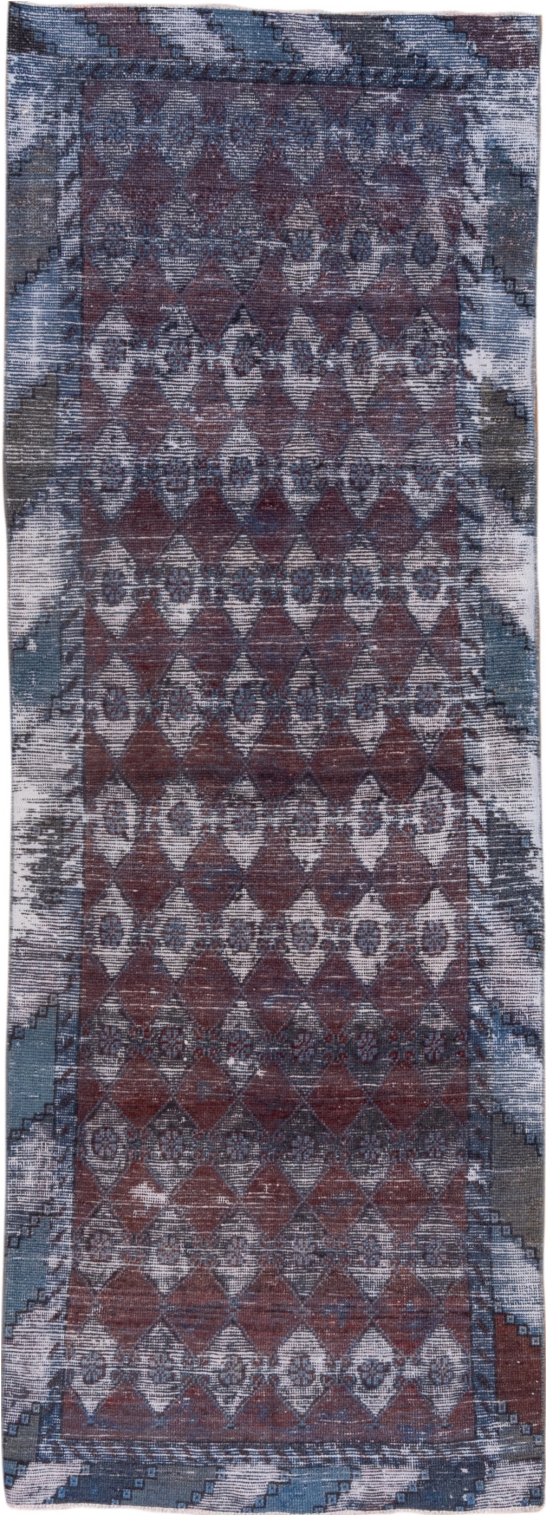 3' x 8' one-of-a-kind handmade vintage Overdyed runner rug. Color palette: blue, brown, gray, light blue, light gray