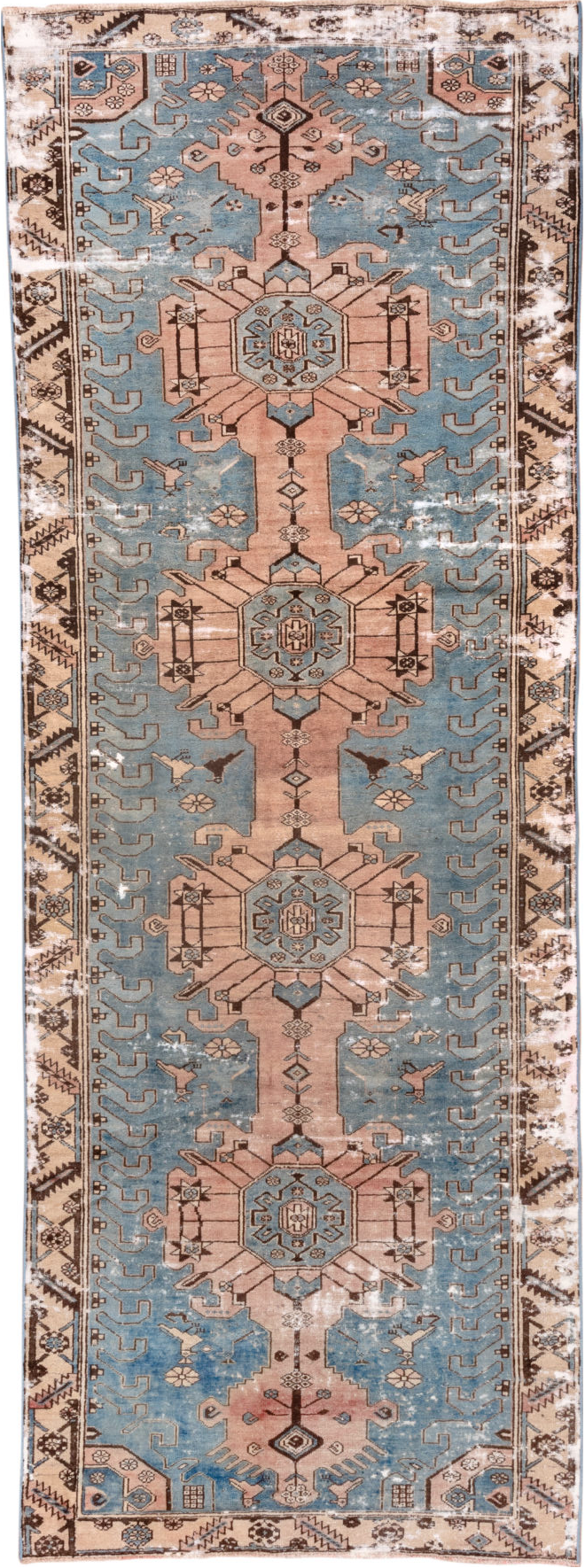 4' x 12' one-of-a-kind handmade vintage Distressed runner rug. Color palette: brown, dark gray, gray, light gray, off-white