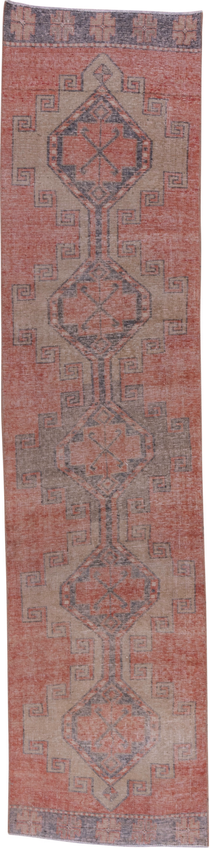 2' x 11' one-of-a-kind handmade vintage Oushak runner rug. Color palette: brown, gray, off-white, pink, red, snow, white