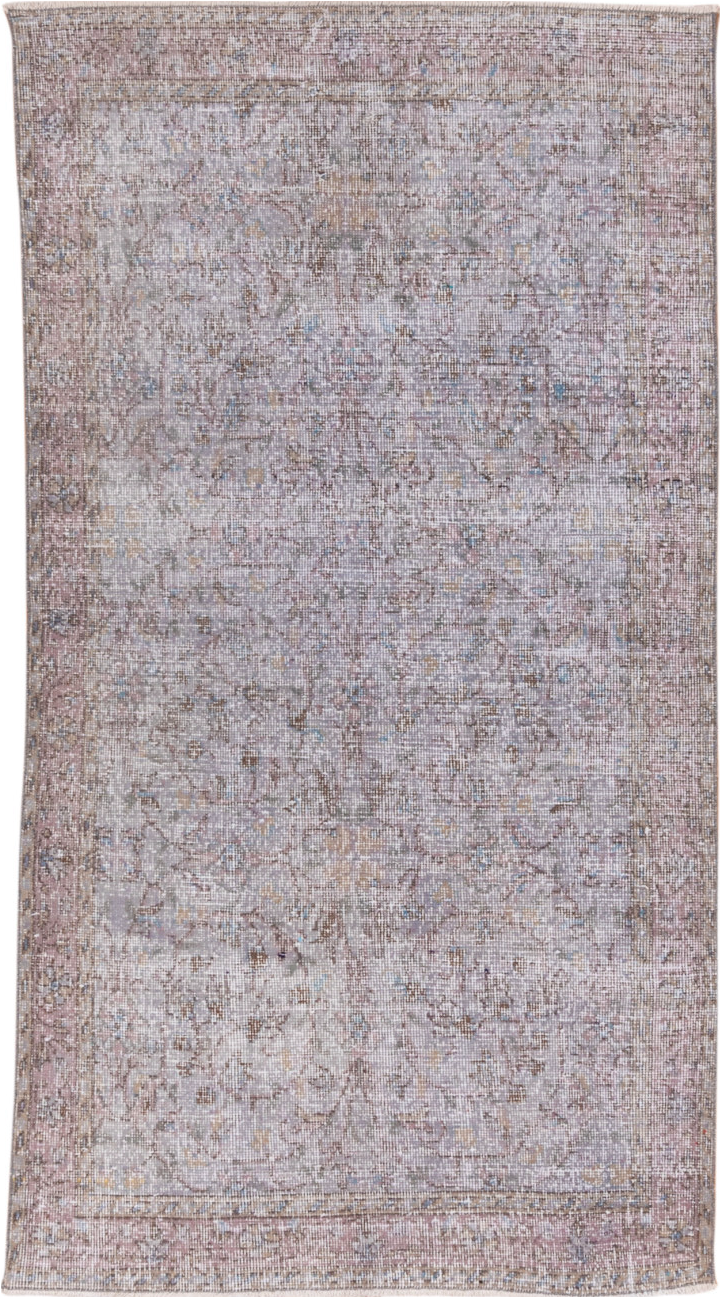 3' x 7' one-of-a-kind handmade vintage Overdyed rug. Color palette: dim gray, gray, light gray, off-white, silver