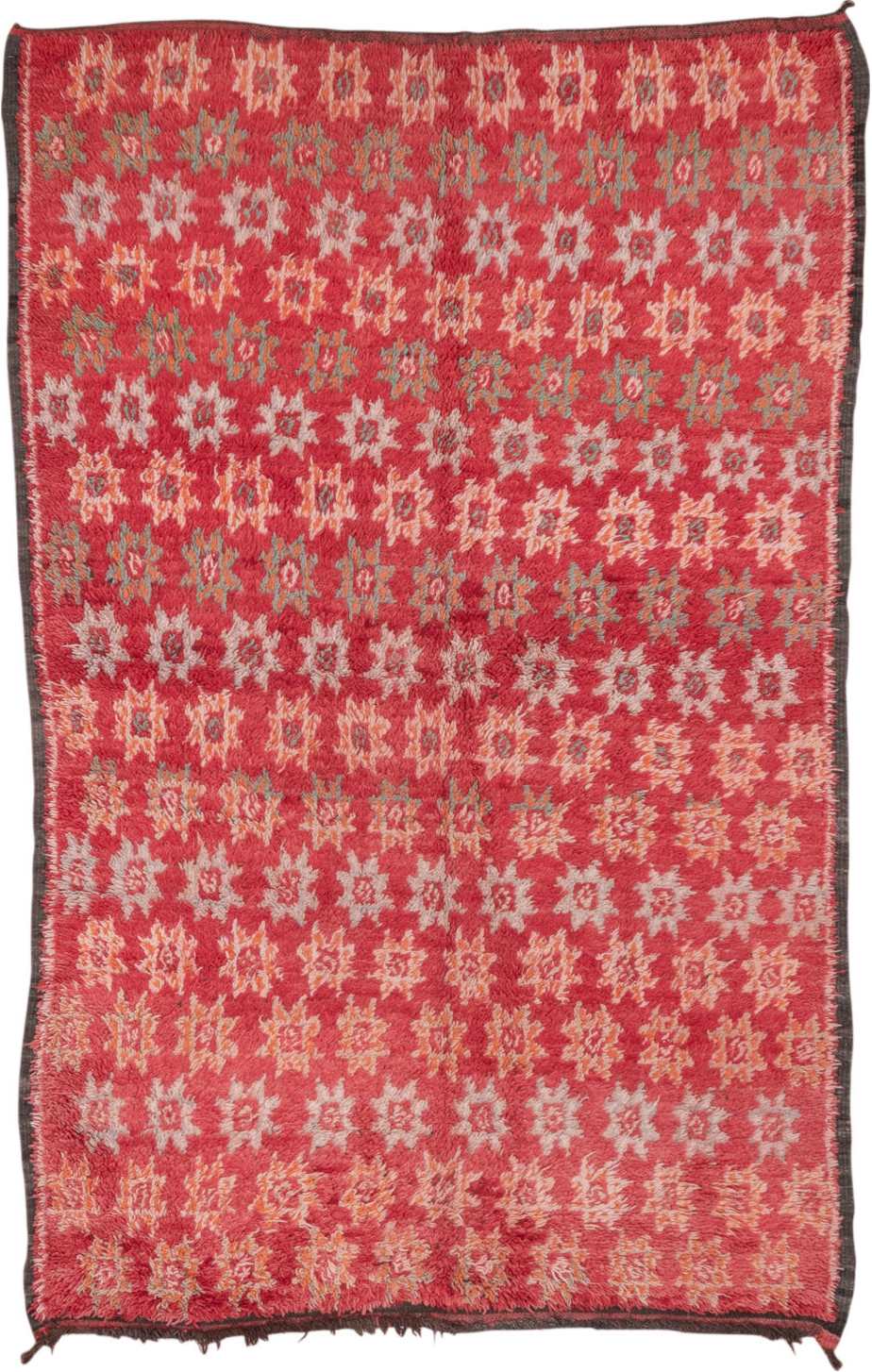 6' x 9' one-of-a-kind handmade vintage Moroccan medium size rug. Color palette: brown, burgundy, indian red, pink, red