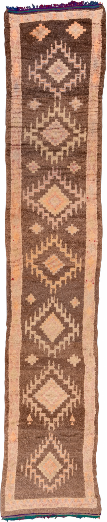 2' x 14' one-of-a-kind handmade vintage Moroccan runner rug. Color palette: blue, brown, off-white, orange, pink, snow