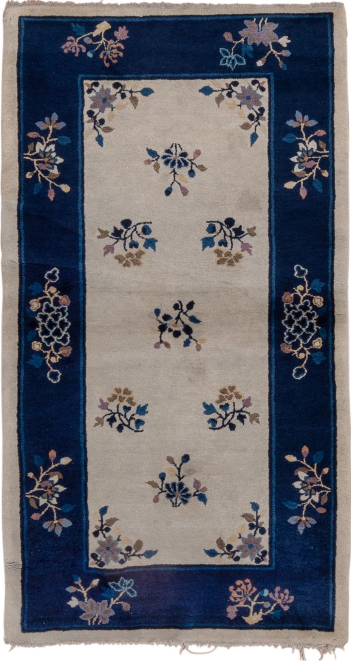 3' x 6' one-of-a-kind handmade vintage Chinese small size rug. Color palette: black, blue, gainsboro, gray, light gray