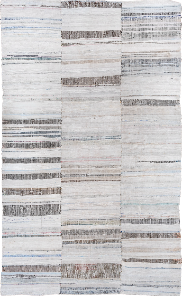 6' x 9' one-of-a-kind handmade vintage Rag Rug medium size rug. Color palette: gray, light gray, off-white, blue, whitesmoke